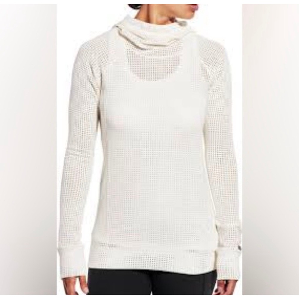 CALIA Laser Cut Cream Mesh Pullover Hoodie Beach Coverup Swim Sweatshirt L